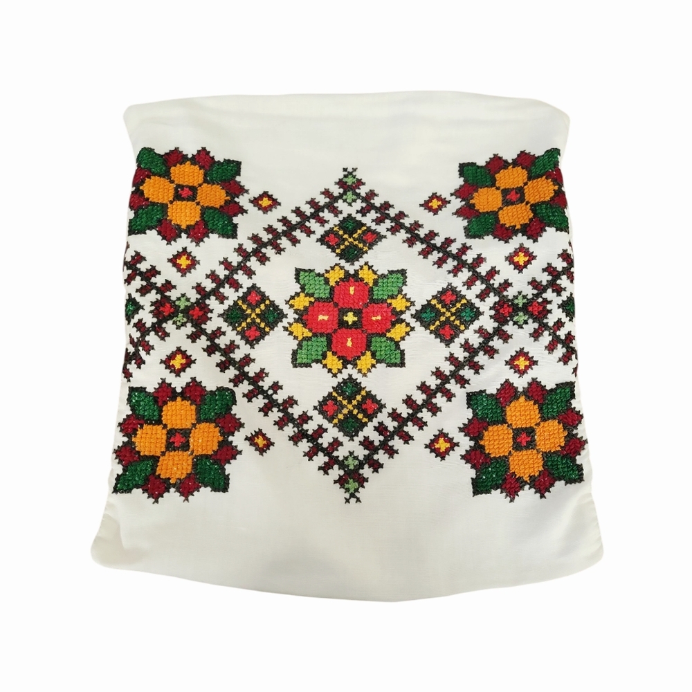 Vintage Handmade Cross Stitched Floral Accent Pillow Cover 13" x 13"